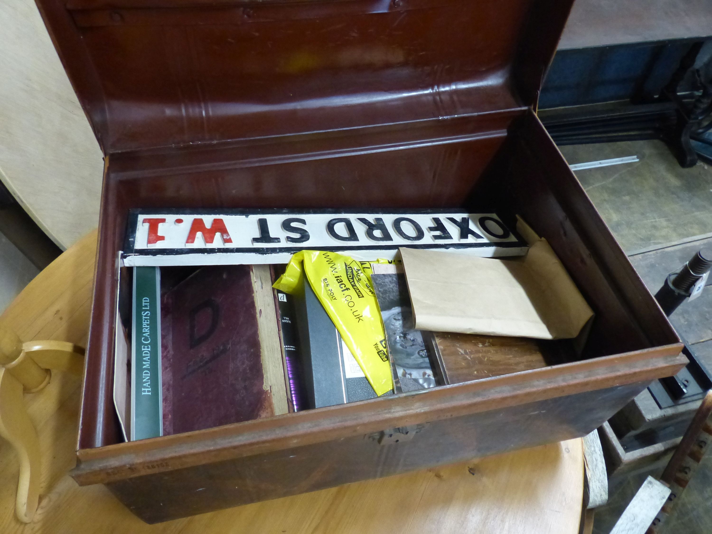 A painted tin trunk (with contents), a dressmaker's dummy and a mannequin